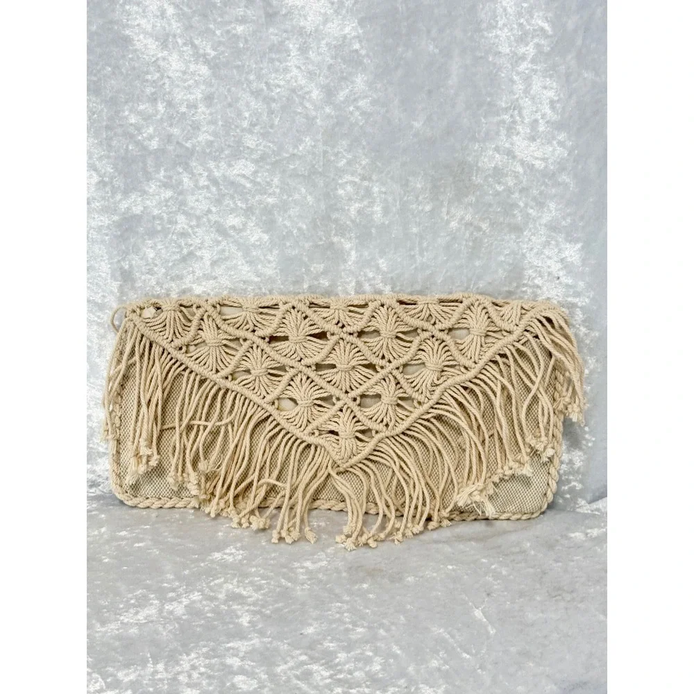American Eagle Outfitters Cream Macrame Fringe Boho Clutch Bag Neutral Woven New